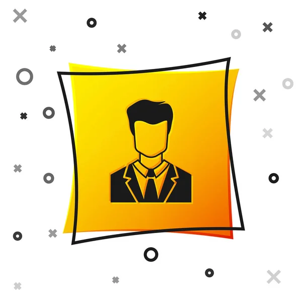 흰색 배경에 고립 된 비즈니스 정장 아이콘에서 남자의 검은 사용자. 비즈니스 아바타 기호 - 사용자 프로필 아이콘입니다. 남성 사용자 기호입니다. 노란색 사각형 버튼입니다. 벡터 일러스트레이션 — 스톡 벡터