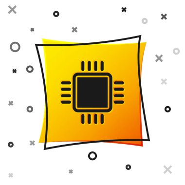 Beyaz arka planda izole mikrodevreler Cpu simgesi ile Siyah Bilgisayar işlemci. Devre kartı işareti ile chip veya cpu. Mikro işlemci. Sarı kare düğmesi. Vektör İllüstrasyonu