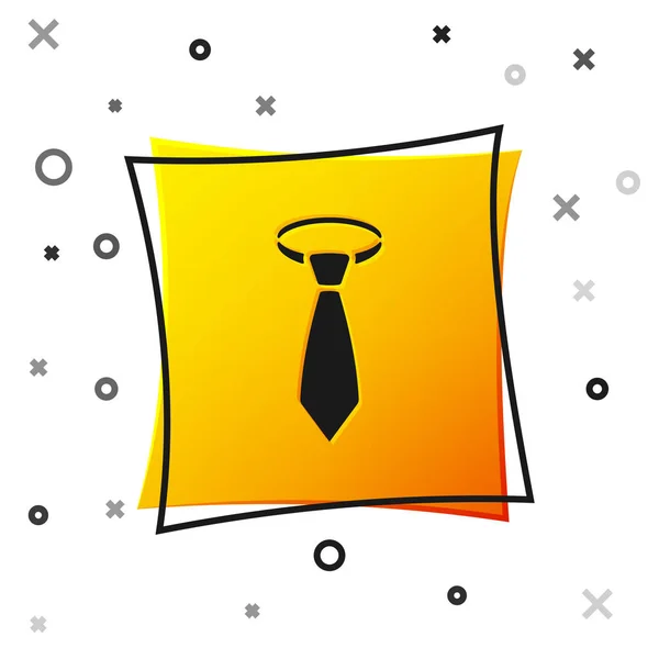 Zwarte stropdas pictogram geïsoleerd op witte achtergrond. Stropdas en halsdoek symbool. Gele vierkante knop. Vector illustratie — Stockvector