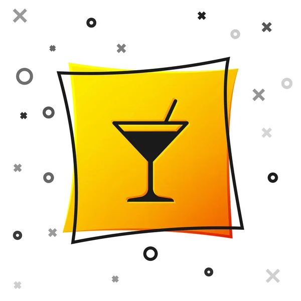 Zwarte Martini glas pictogram geïsoleerd op witte achtergrond. Cocktail icoon. Wijn glas pictogram. Gele vierkante knop. Vector illustratie — Stockvector