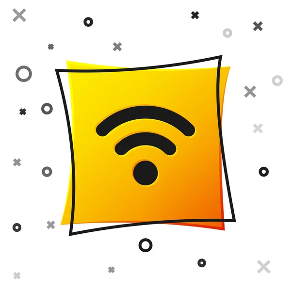 Ícone de símbolo de rede de internet sem fio Wi-Fi preto isolado no fundo branco. Botão quadrado amarelo. Ilustração vetorial — Vetor de Stock