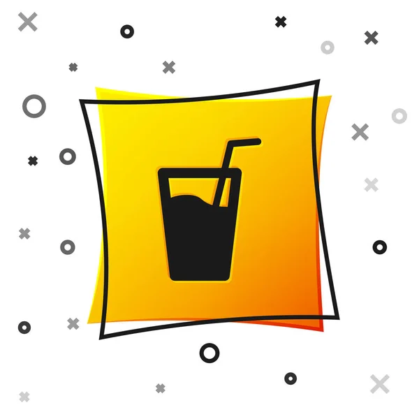 Black Glass with water and tube for drinking icon isolated on white background. Soda glass. Yellow square button. Vector Illustration — Stock Vector