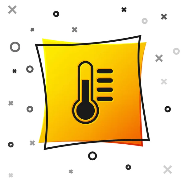 Icono del termómetro negro aislado sobre fondo blanco. Botón cuadrado amarillo. Ilustración vectorial — Vector de stock