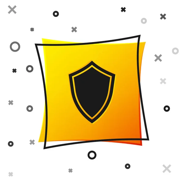 Icono Black Shield aislado sobre fondo blanco. Señal de guardia. Botón cuadrado amarillo. Ilustración vectorial — Vector de stock