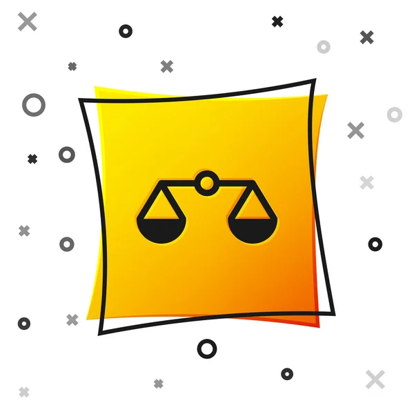 Zwarte schalen van rechtvaardigheid pictogram geïsoleerd op witte achtergrond. Hof van recht symbool. Weegschaal teken. Gele vierkante knop. Vector illustratie — Stockvector