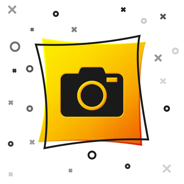 Schwarzes Fotokamera-Symbol isoliert auf weißem Hintergrund. Ikone der Fotokamera. Gelber quadratischer Knopf. Vektorillustration — Stockvektor