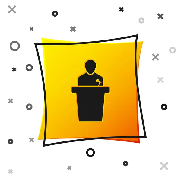 Black Speaker icon isolated on white background. Orator speaking from tribune. Public speech. Person on podium. Yellow square button. Vector Illustration