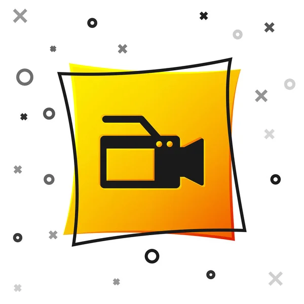 Black Cinema camera icon isolated on white background. Video camera. Movie sign. Film projector. Yellow square button. Vector Illustration — Stock Vector