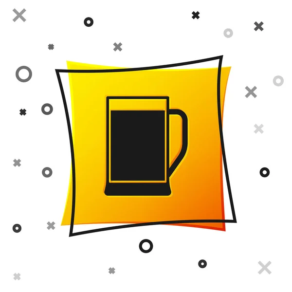 Vidro preto de ícone de cerveja isolado no fundo branco. Botão quadrado amarelo. Ilustração vetorial —  Vetores de Stock
