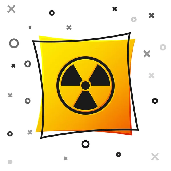 Zwart radioactief icoon geïsoleerd op witte achtergrond. Radioactief toxisch symbool. Straling gevaar teken. Gele vierkante knop. Vector illustratie — Stockvector