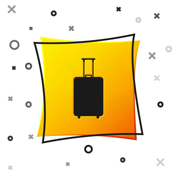 Black Travel suitcase icon isolated on white background. Traveling baggage sign. Travel luggage icon. Yellow square button. Vector Illustration — Stock Vector