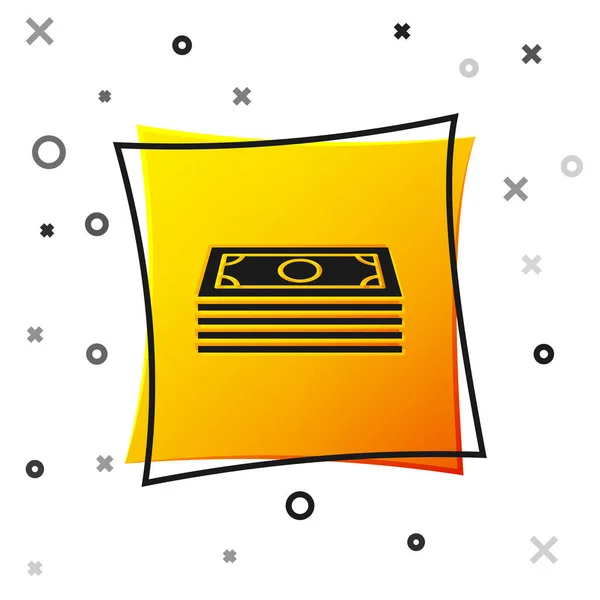 Black Stacks ícone de dinheiro em papel em dinheiro isolado no fundo branco. Dinheiro empilha notas. Moeda de conta. Botão quadrado amarelo. Ilustração vetorial — Vetor de Stock