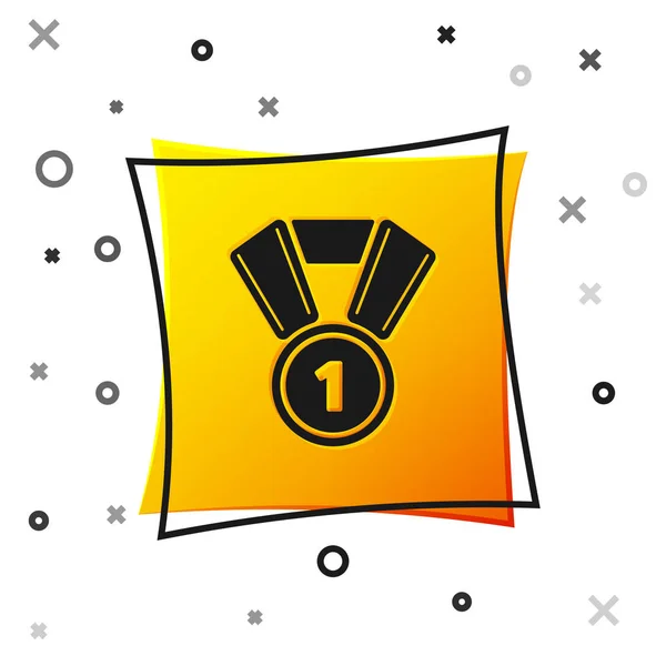 Icono de Medalla Negra aislado sobre fondo blanco. Símbolo ganador. Botón cuadrado amarillo. Ilustración vectorial — Archivo Imágenes Vectoriales