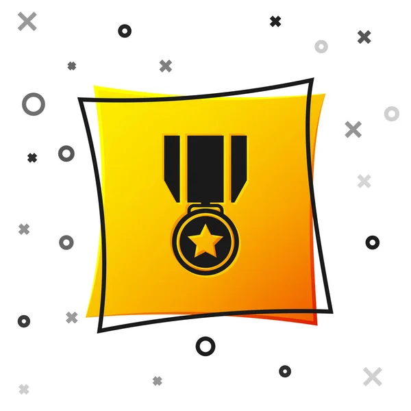 Черная медаль со звездой на белом фоне. Знак достижения победителя. Медаль. Желтая квадратная кнопка. Векторная миграция — стоковый вектор