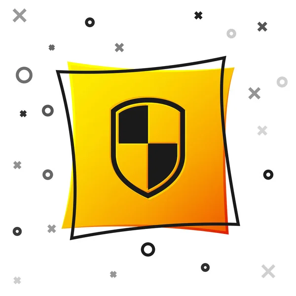 Ikona černého štítu je izolovaná na bílém pozadí. Ochranné znamení. Žluté čtvercové tlačítko. Vektorová ilustrace — Stockový vektor