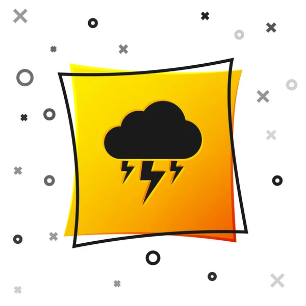 Black Storm Symbol isoliert auf weißem Hintergrund. Wolke und Blitz. Wetterikone des Sturms. Gelber quadratischer Knopf. Vektorillustration — Stockvektor