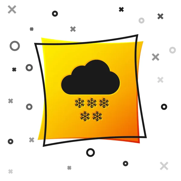 Nube negra con icono de nieve aislado sobre fondo blanco. Nube con copos de nieve. Icono de tiempo único. Signo de niebla. Botón cuadrado amarillo. Ilustración vectorial — Vector de stock