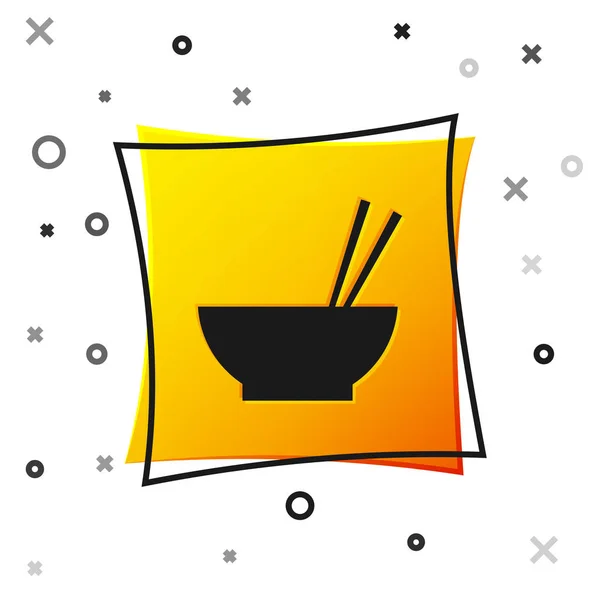 Black Bowl with asian food and pair of chopsticks silhouette icon isolated on white background. Concept of prepare, eastern diet. Yellow square button. Vector Illustration — Stock Vector