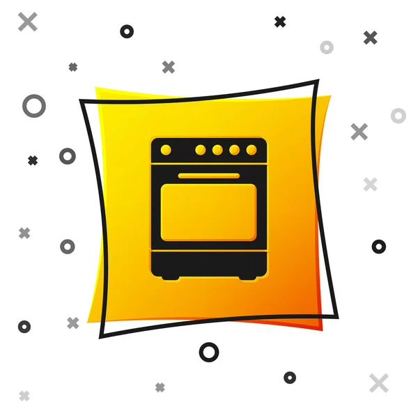 Ícone de forno preto isolado no fundo branco. Fogão sinal forno a gás. Botão quadrado amarelo. Ilustração vetorial —  Vetores de Stock