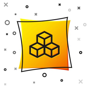 Beyaz arka planda yalıtılmış siyah İzometrik küp simgesi. Geometrik küpler katı simgesi. 3d kare işareti. Kutu sembolü. Sarı kare düğmesi. Vektör İllüstrasyonu