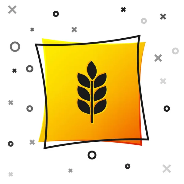 Céréales noires icône sertie de riz, blé, maïs, avoine, seigle, orge icône isolée sur fond blanc. Oreilles de pain de blé symboles. Symbole du blé agricole. Bouton carré jaune. Illustration vectorielle — Image vectorielle