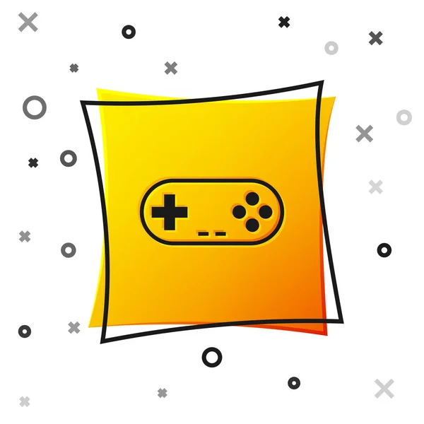 Чорний значок геймпад ізольований на білому фоні. Ігровий контролер. Жовта квадратна кнопка. Векторна ілюстрація — стоковий вектор