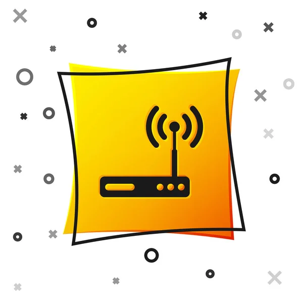 黑色路由器和 wi-fi 信号符号图标隔离在白色背景上。无线以太网调制解调器路由器。计算机技术互联网。黄色方形按钮。矢量插图 — 图库矢量图片