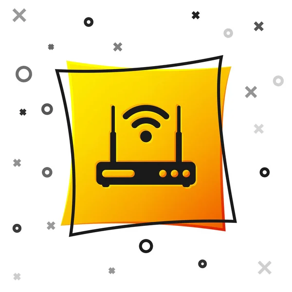 Czarny router i ikona sygnału Wi-Fi na białym tle. Bezprzewodowy router z modemem sieciowym. Technologia komputerowa Internet. Żółty kwadratowy przycisk. Ilustracja wektorowa — Wektor stockowy
