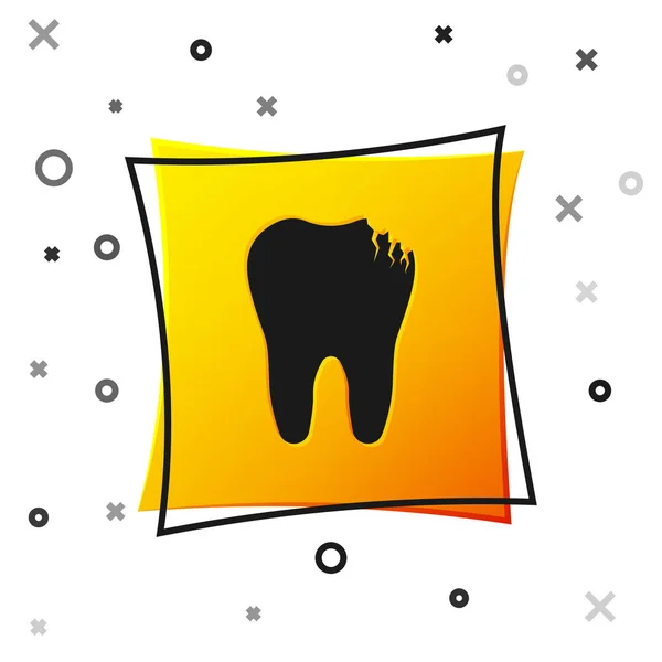 Černá, rozbitá ikona zubu, izolovaná na bílém pozadí. Ikona zubního problému. Symbol zubní péče. Žluté čtvercové tlačítko. Vektorová ilustrace — Stockový vektor