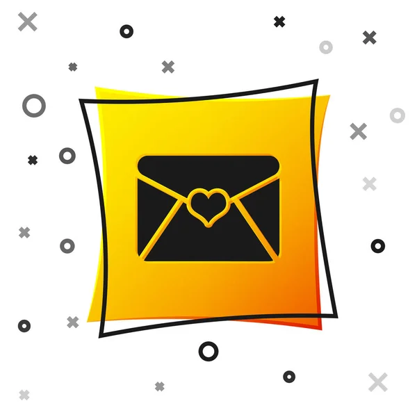흰색 배경에 고립 된 발렌타인 하트 아이콘이있는 검은 색 봉투. 편지 사랑과 로맨스. 노란색 사각형 버튼입니다. 벡터 일러스트레이션 — 스톡 벡터
