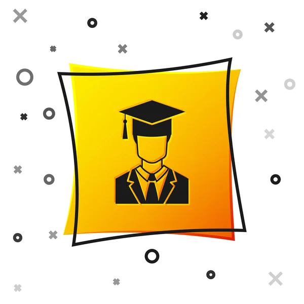 Noir profil d'étudiant diplômé masculin avec robe et icône de casquette de graduation isolé sur fond blanc. Bouton carré jaune. Illustration vectorielle — Image vectorielle