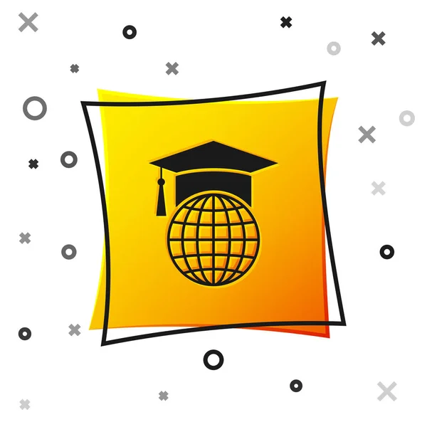 Casquette de graduation noire sur icône globe isolé sur fond blanc. Symbole mondial de l'éducation. Concept d'apprentissage en ligne ou d'apprentissage en ligne. Bouton carré jaune. Illustration vectorielle — Image vectorielle