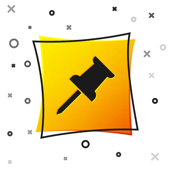 Negro Push pin icono aislado sobre fondo blanco. Signo de chinchetas. Botón cuadrado amarillo. Ilustración vectorial — Archivo Imágenes Vectoriales