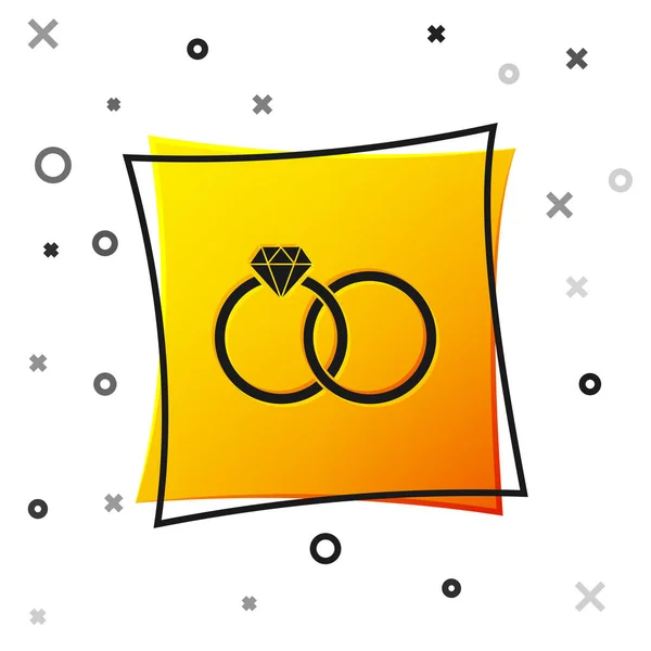 Μαύρο είδωλο δαχτυλίδια γάμο απομονώνεται σε λευκό φόντο. Υπογραφή κοσμημάτων νύφης και γαμπρού. Το εικονίδιο του γάμου. Διαμαντένιο δαχτυλίδι. Κίτρινο κουμπί τετράγωνο. Απεικόνιση διανυσματικών φορέων — Διανυσματικό Αρχείο