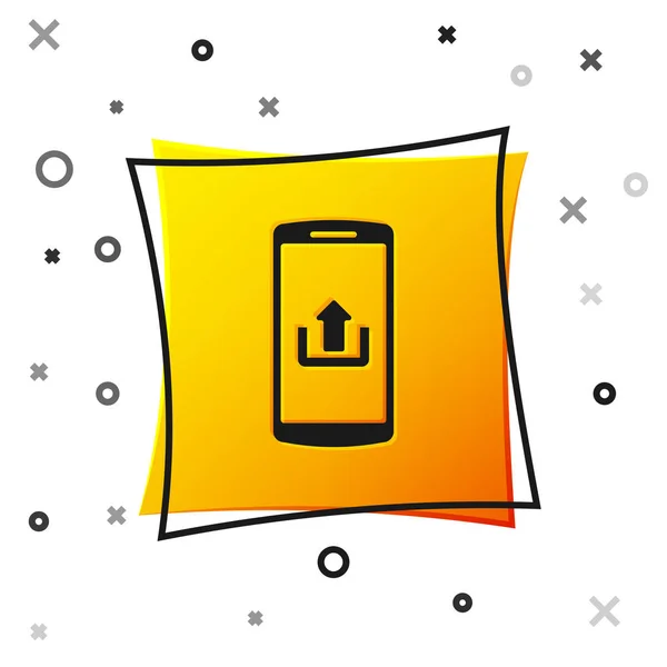 Czarny smartphone z ikoną przesyłania na białym tle. Żółty kwadratowy przycisk. Ilustracja wektorowa — Wektor stockowy