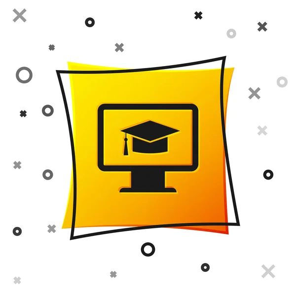 Black Computer monitor with graduation cap icon isolated on white background. Online learning or e-learning concept. Internet knowledge symbol. Yellow square button. Vector Illustration — Stock Vector