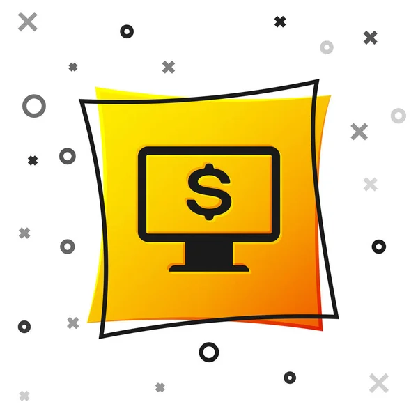 Monitor de ordenador negro con icono de dólar aislado sobre fondo blanco. Internet concepto de seguridad financiera, protección de las finanzas en línea. Botón cuadrado amarillo. Ilustración vectorial — Vector de stock