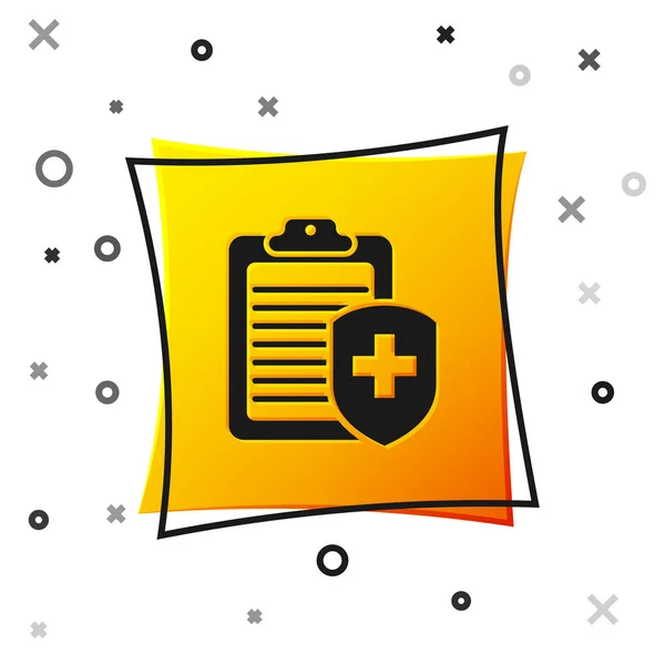 Black Clipboard with medical insurance icon isolated on white background. Patient protection. Clipboard and shield with a cross as a symbol insurance. Yellow square button. Vector Illustration — Stock Vector