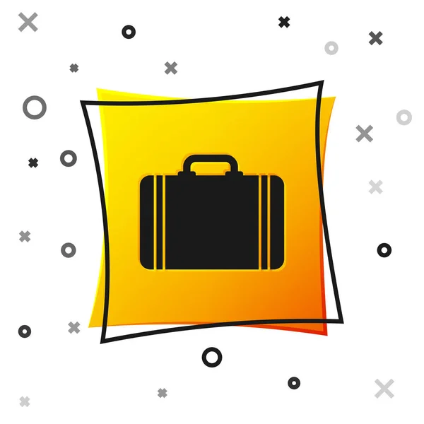Valise noire pour icône de voyage isolée sur fond blanc. Panneau des bagages de voyage. Icône bagages de voyage. Bouton carré jaune. Illustration vectorielle — Image vectorielle