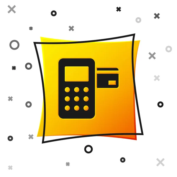 Μαύρο τερματικό pos με εισαγμένο εικονίδιο πιστωτικής κάρτας απομονωθεί σε λευκό φόντο. Πληρωμή τερματικού συναλλαγών. Κίτρινο κουμπί τετράγωνο. Απεικόνιση διανυσματικών φορέων — Διανυσματικό Αρχείο