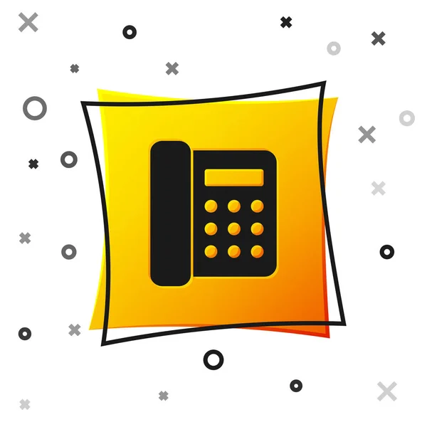 Zwarte telefoon pictogram geïsoleerd op witte achtergrond. Vaste telefoon. Gele vierkante knop. Vector Illustratie — Stockvector
