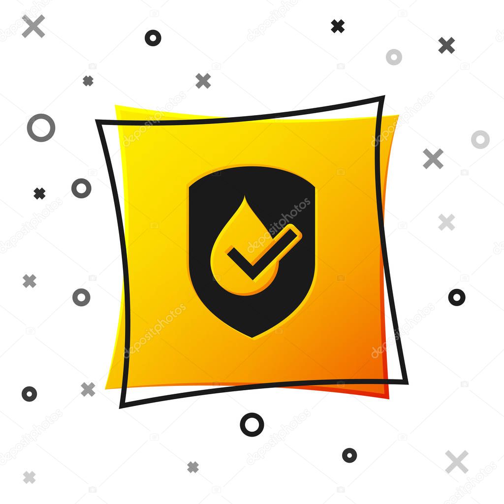 Black Waterproof icon isolated on white background. Water resistant or liquid protection concept. Yellow square button. Vector Illustration