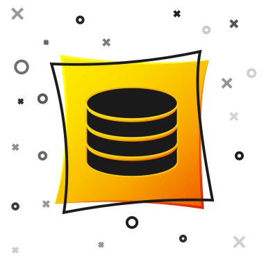 Beyaz arka planda yalıtılmış siyah veritabanı simgesi. Ağ veritabanları, ilerleme çubuğu olan disk. Yedekleme konsepti. Sarı kare düğmesi. Vektör İllüstrasyonu