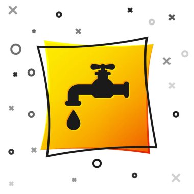 Beyaz arka plan üzerinde izole düşen su damla sıyrık simgesi ile Siyah Su musluk. Sarı kare düğmesi. Vektör İllüstrasyonu