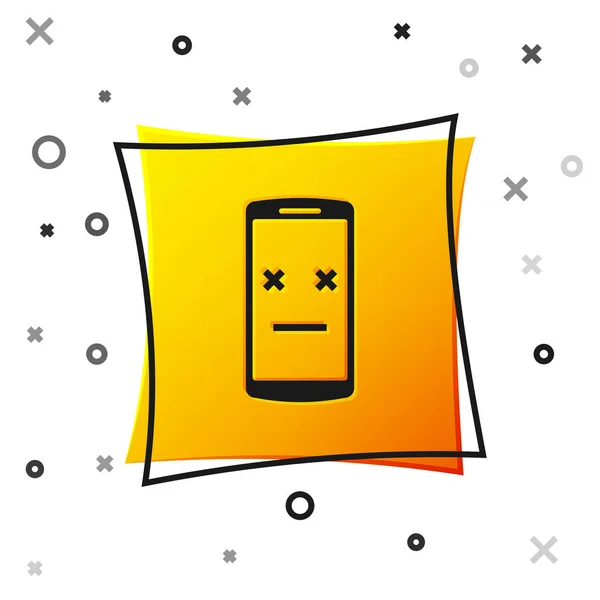 Black Dead phone icon isolated on white background. Deceased digital device emoji symbol. Corpse smartphone showing facial emotion. Yellow square button. Vector Illustration — Stock Vector