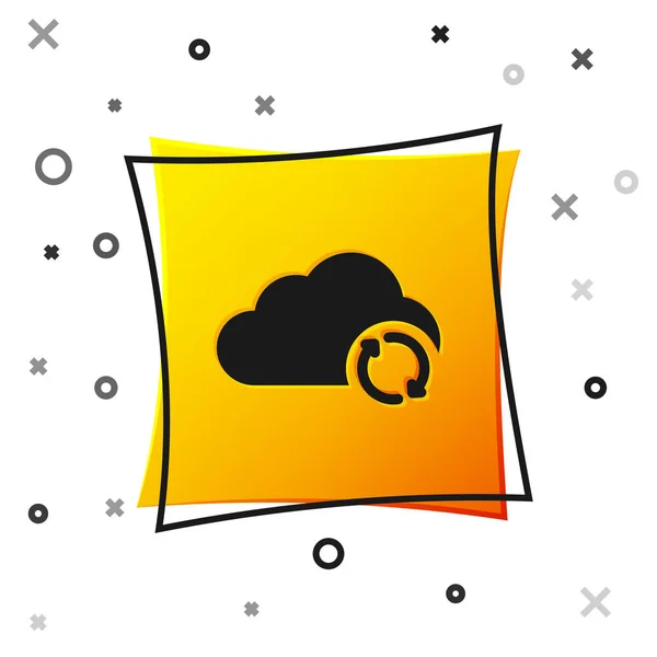 Black Cloud Sync-pictogram Vernieuwen geïsoleerd op witte achtergrond. Wolk en pijlen. Gele vierkante knop. Vector illustratie — Stockvector