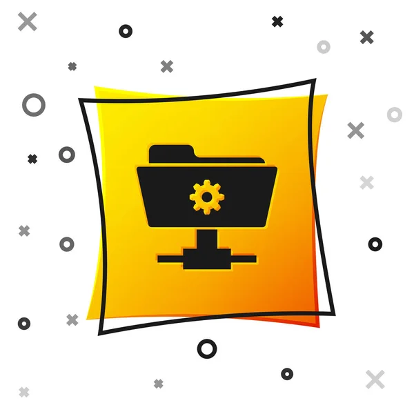 Black FTP settings folder icon isolated on white background. Concept of software update, transfer protocol, router, teamwork tool management, copy process. Yellow square button. Vector Illustration — Stock Vector