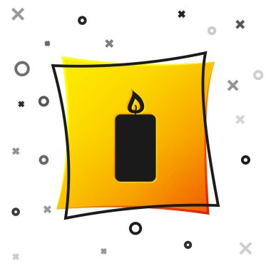 Siyah Yanan mum simgesi beyaz arka planda yalıtılmış. Eski moda yanan mum. Yanan alev ile silindirik aromatik mum çubuğu. Sarı kare düğmesi. Vektör İllüstrasyonu