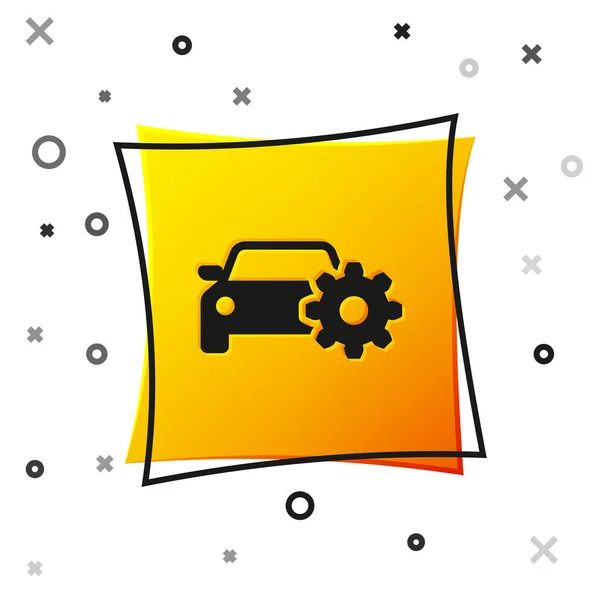 Black Car service icon isolated on white background. Auto mechanic service. Mechanic service. Repair service auto mechanic. Maintenance sign. Yellow square button. Vector Illustration — Stock Vector