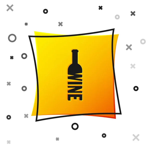 Icono de botella de vino negro aislado sobre fondo blanco. Una botella de vino con letras. Botón cuadrado amarillo. Ilustración vectorial — Archivo Imágenes Vectoriales